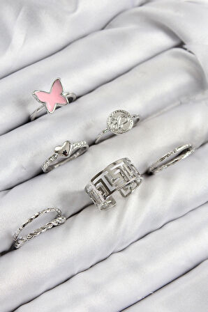 Pirinç Kelebek Ve Kalp Model Gümüş Renk Kadın Yüzük Kombin Set