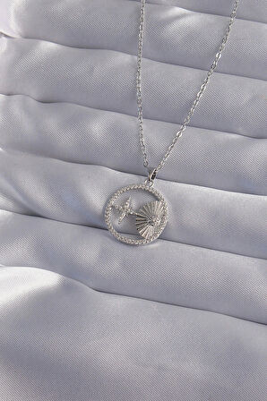 316L Çelik Zincir Gümüş Renk Zirkon Taşlı Yıldız Figürlü Oval Kolye