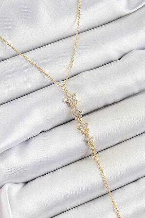 Pirinç Zirkon Taşlı Sıralı Yıldız Figürlü Y Model Gold Renk Kadın Kolye