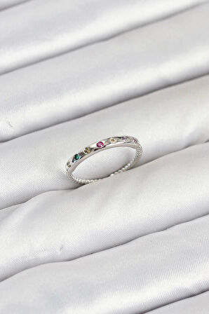 Pirinç Gümüş Renk Renkli Zirkon Taşlı Kadın Yüzük