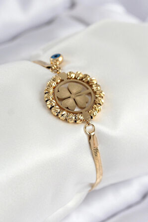 316L Çelik Nazar Boncuk Detaylı Yonca Model İtalyan Zincir Gold Renk Kadın Bileklik