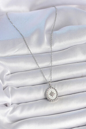 316L Çelik Gümüş Renk Zincir Beyaz Mineli Kutup Yıldız İşlemeli Madalyon Model Kadın Kolye