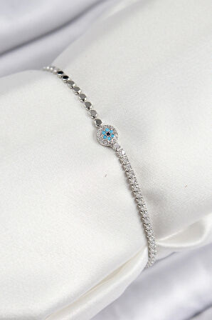 Pirinç Zirkon Taşlı Nazar Model Ezme Zincir Gümüş Renk Kadın Bileklik