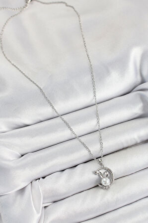 316L Çelik İnci Detaylı Hilal Tavşan Model Gümüş Renk Kadın Kolye