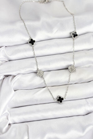 316L Çelik Zincir Gümüş Renk Siyah ve Zirkon Taşlı Baby Boy Yonca Kadın Kolye