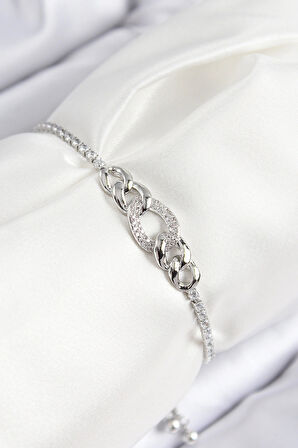 Pirinç Zirkon Taşlı Zincir Model Gümüş Renk Asansörlü Kadın Bileklik