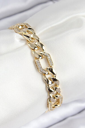 VIP Pirinç Zirkon Taşlı Parçalı Zincir Model Gold Renk Kadın Bileklik