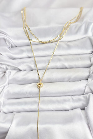 Pirinç Gold Renk Düğüm Model Detaylı 3'lü Kombin Y Kadın Kolye