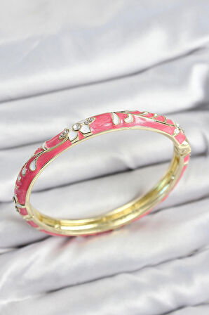 Mineli Pirinç Zirkon Taşlı Pembe Çiçek Motifli Gold Kadın Kelepçe