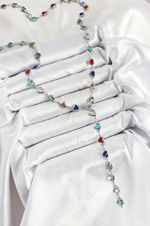 Pirinç Gümüş Renk Karışık Renk Zirkon Taşlı Kalpli Y Kadın Kolye