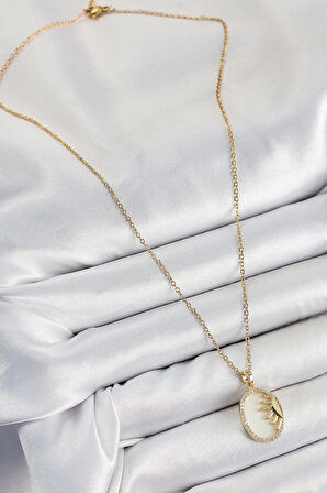 316L Çelik Zirkon Taşlı Yarım Güneş Model Gold Renk Kadın Kolye