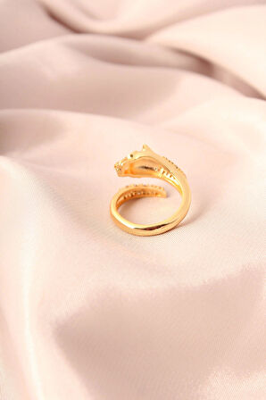 Gold Renk Metal Zirkon Taşlı Kaplan Model Ayarlanabilir Kadın Yüzük