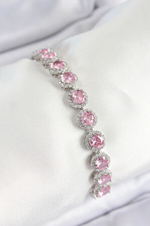 Pirinç Pembe Zirkon Taşlı Daire Baget Model Gümüş Renk VIP Seri Kadın Bileklik