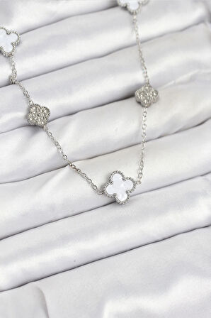 316L Çelik Zincir Gümüş Renk Beyaz ve Zirkon Taşlı Yonca Kadın Kolye