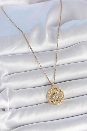 316L Çelik Gold Renk Zincr Mavi Taşlı Lotus Model Kadın Kolye