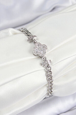 Pirinç Zirkon Taşlı Yonca Model Gümüş Renk Kadın Bileklik