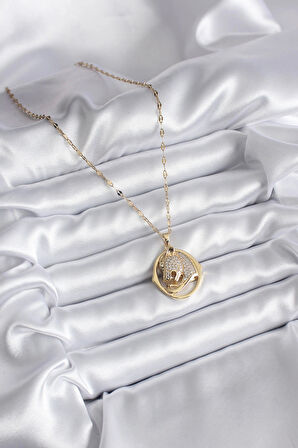 316L Çelik Gold Renk Zirkon Taşlı Jaguar Model Kadın Kolye