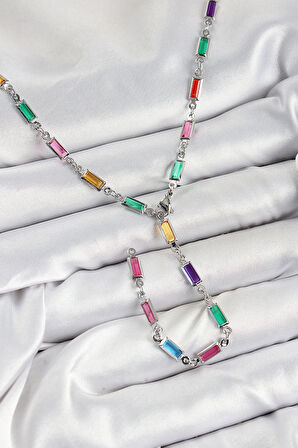 Pirinç Renkli Zirkon Taşlı Dikdörtgen Model Gümüş Renk Kadın Y Kolye