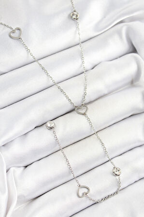 316L Çelik Zirkon Taşlı Kalp Figürlü Y Model Gümüş Renk Kadın Kolye