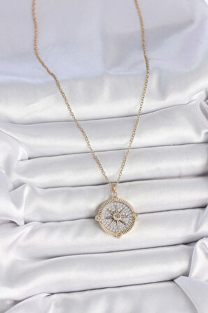 316L Çelik Gold Renk Zirkon Taşlı Pusula Model Kadın Kolye