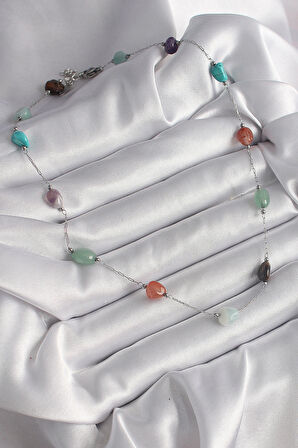 316L Çelik Gümüş Renk Zincir Renkli Doğaltaş Model Kadın Kolye