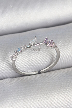 Pirinç Gümüş Renk Zirkon Taşlı Çiçek Model Ayarlanabilir Kadın Yüzük