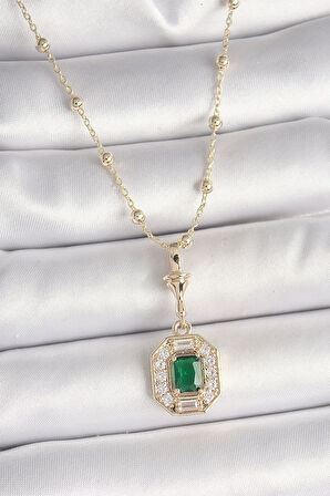 Pirinç Gold Renk Zirkon Taşlı Topçuk Zincir Serenay Model Kadın Kolye