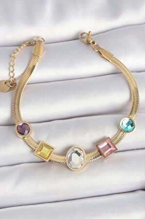 316L Çelik Gold Renk İtalyan Zincir Renkli Zirkon Taşlı Kadın Bileklik