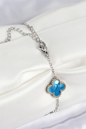 316L Çelik Sedefli Gökyüzü Mavisi Gümüş Renk Yonca Kadın Bileklik