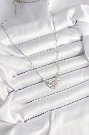 316L Çelik Gümüş Renk Zirkon Taşlı Hilal Pembe Kalp Model Kadın Kolye