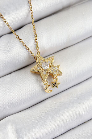 316L Çelik Zirkon Taşlı Sallantılı Yıldız Model Gold Renk Kadın Kolye