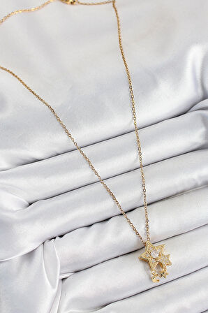 316L Çelik Zirkon Taşlı Sallantılı Yıldız Model Gold Renk Kadın Kolye