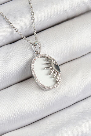 316L Çelik Zirkon Taşlı Yarım Güneş Model Gümüş Renk Kadın Kolye