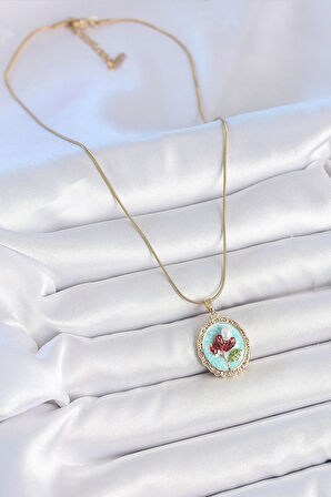 316L Çelik Gold Renk Zincir Turkuaz Mineli İncili Çiçek İşlemeli Portre Model Kadın Kolye