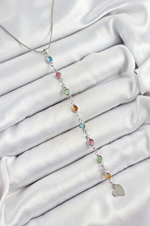 Pirinç Gümüş Renk Karışık Renk Zirkon Taşlı Y Kadın Kolye