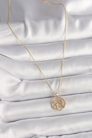 Pirinç Gold Renk Zirkon Taş Detaylı Gül İşleme Madalyon Model Kadın Kolye