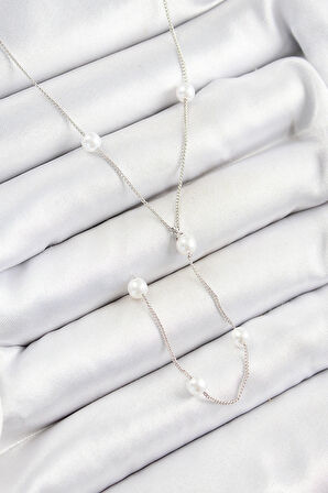 Pirinç İnci Figürlü Y Model Gümüş Renk Kadın Kolye