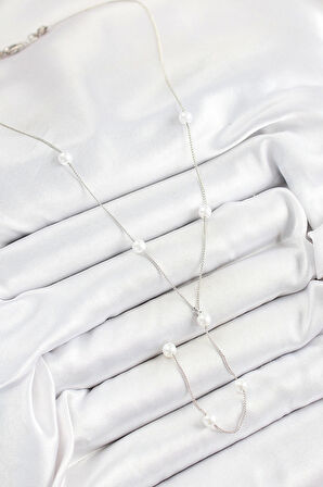 Pirinç İnci Figürlü Y Model Gümüş Renk Kadın Kolye