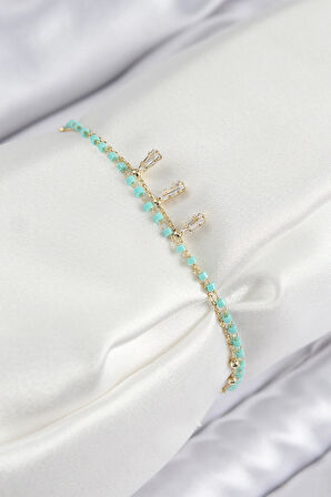 Pirinç Zirkon Taşlı Mavi Boncuklu Model Gold Renk Kadın Bileklik