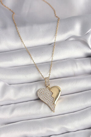 316L Çelik Gold Renk Zincir Zirkon Taşlı Kırık Kalp Model Kadın Kolye