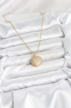 316L Çelik Zincir Gold Renk Zirkon Taşlı Kalpli Kadın Kolye