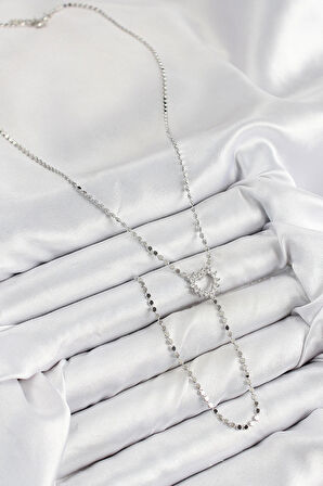 Pirinç Zirkon Taşlı Ezme Zincirli Kalp Model Gümüş Renk Y Kolye