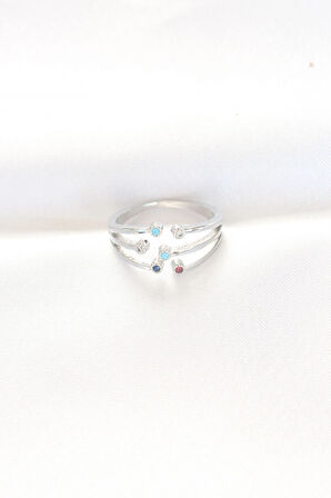 Renkli Zirkon Taşlı Silver Renk Ayarlanabilir Yüzük