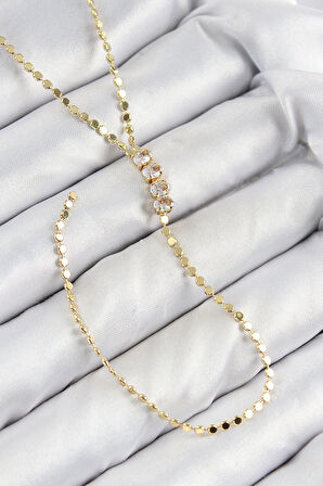 Pirinç Zirkon Taşlı Ezme Zincirli Model Gold Renk Y Kolye