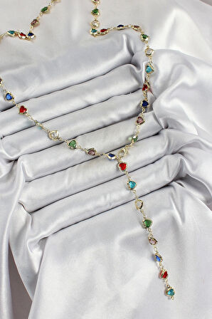 Pirinç Gold Renk Karışık Renk Zirkon Taşlı Kalpli Y Kadın Kolye