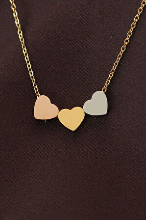 Çelik 3 Renkli Minimal 3lü Kalp Kolye