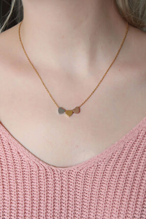 Çelik 3 Renkli Minimal 3lü Kalp Kolye