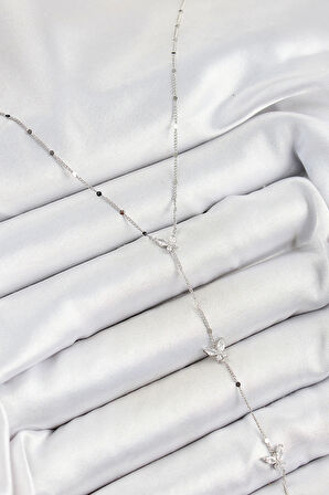 Pirinç Zirkon Taşlı Sıralı Kelebek Figürlü Y Model Gümüş Renk Kadın Kolye