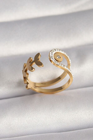 316L Çelik Gold Renk Zirkon Taşlı Yaprak Model Kadın Yüzük