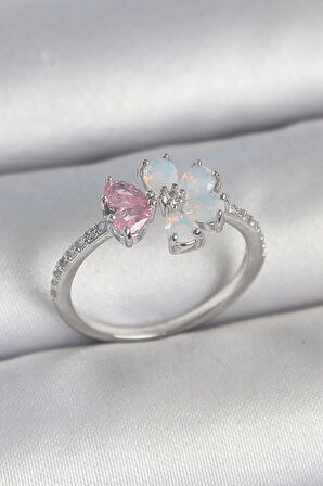 Pirinç Gümüş Renk Beyaz Mineli Pembe Zirkon Taşlı Çiçek Model Kadın Yüzük